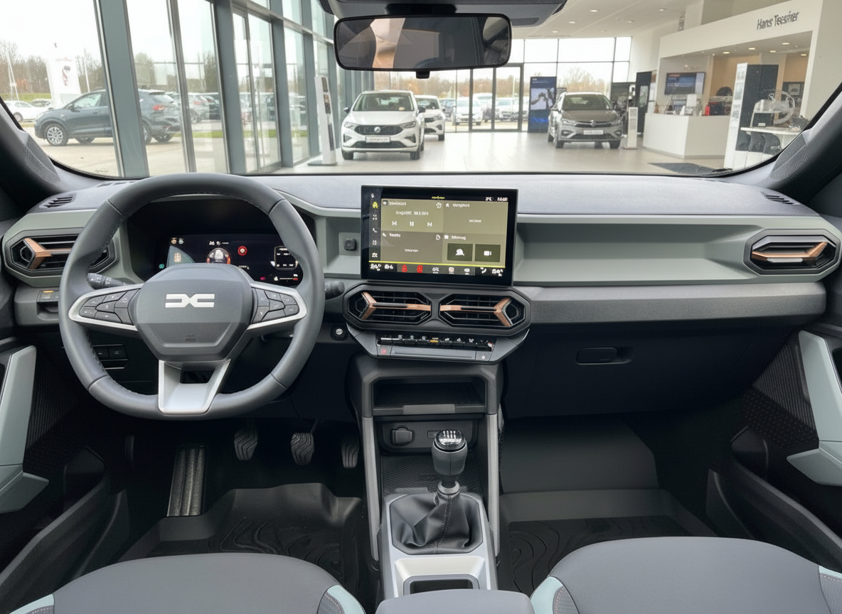 Dacia Innenraum mit Touchscreen, Schaltgetriebe und modernem Cockpit-Design