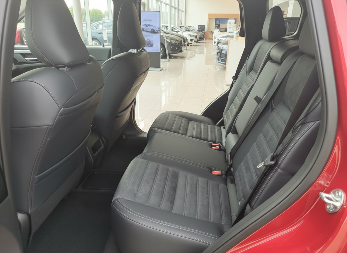 Rücksitzbank mit Leder-Alcantara-Polsterung in schwarzem Interieur eines roten SUV im Autohaus