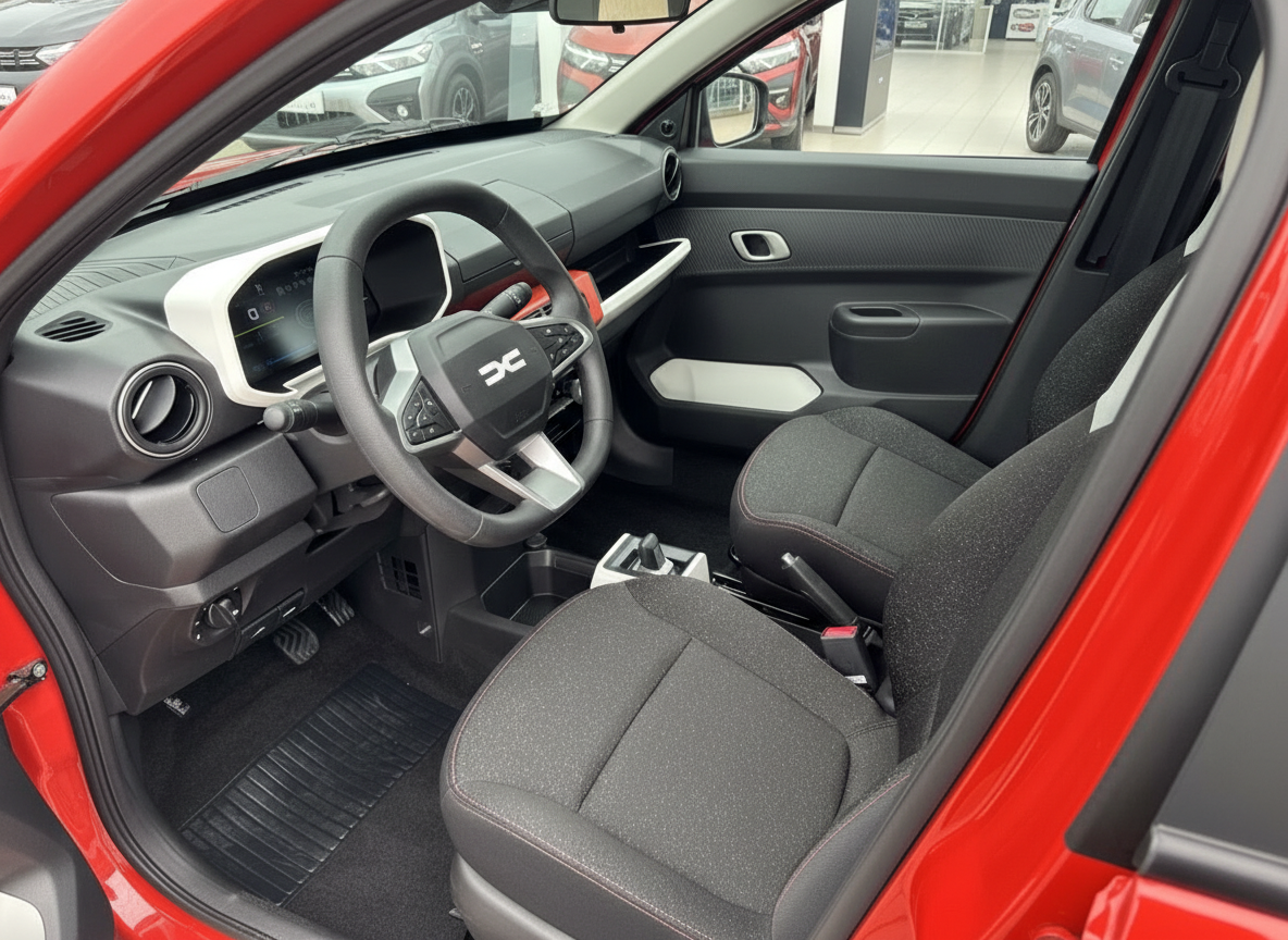 Dacia Innenraum in Rot – Cockpit mit Lenkrad, Sitze und Armaturenbrett in modernem Design