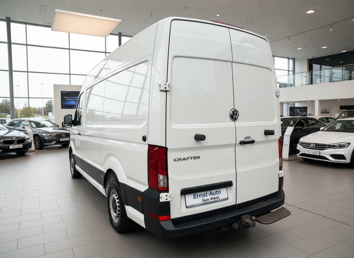 Weißer VW Crafter Kastenwagen Hochdach im Autohaus Ernst-Auto, Heckansicht