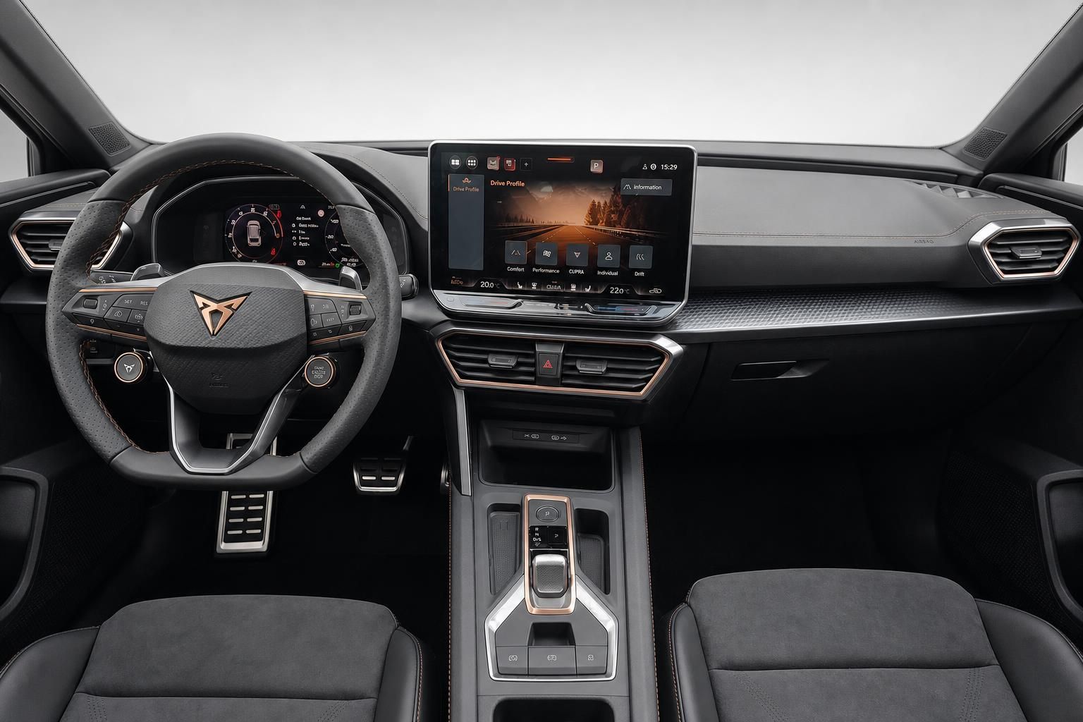 Cupra Cockpit mit Lenkrad, Digitaldisplay und Infotainment-System im Detail