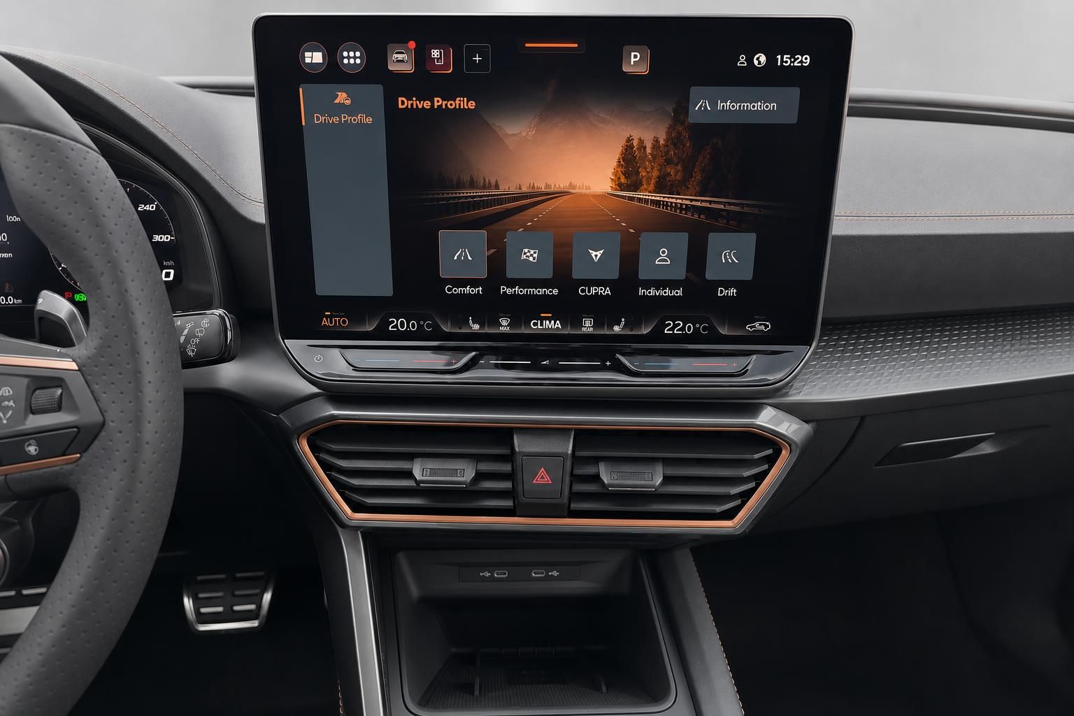 Cupra Infotainment-Display mit Drive Profile Menue und Klimasteuerung