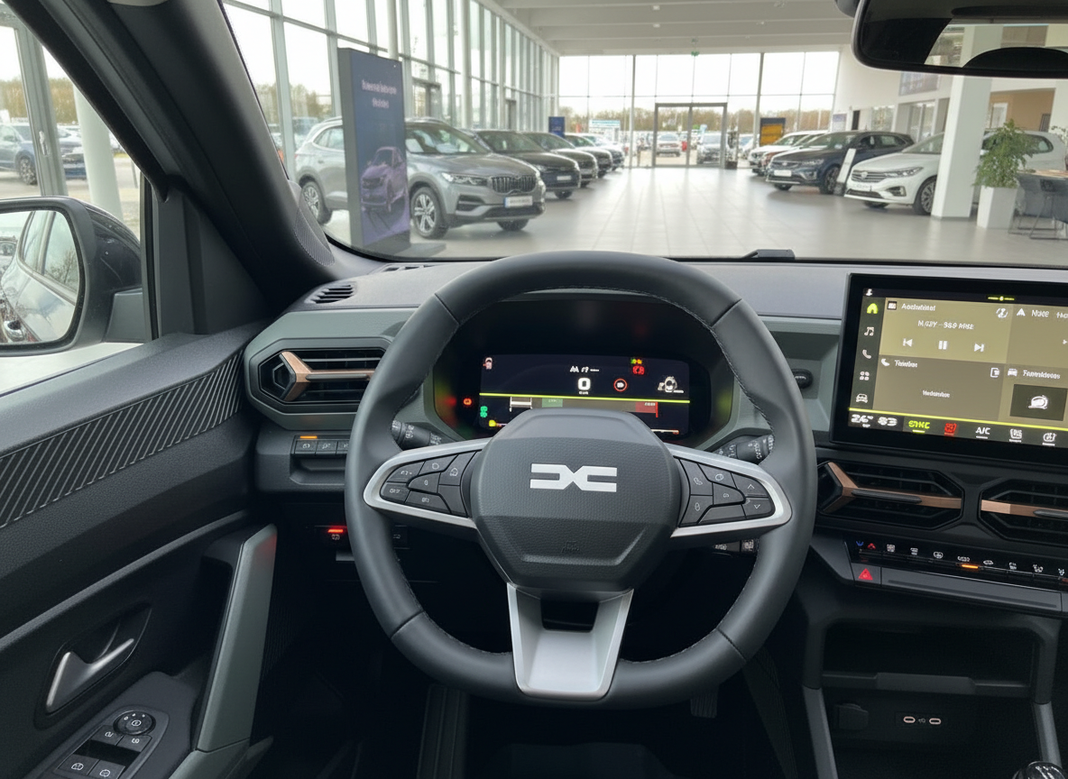 Dacia Innenraum Cockpit mit digitalem Tacho und Infotainment-Display im Autohaus