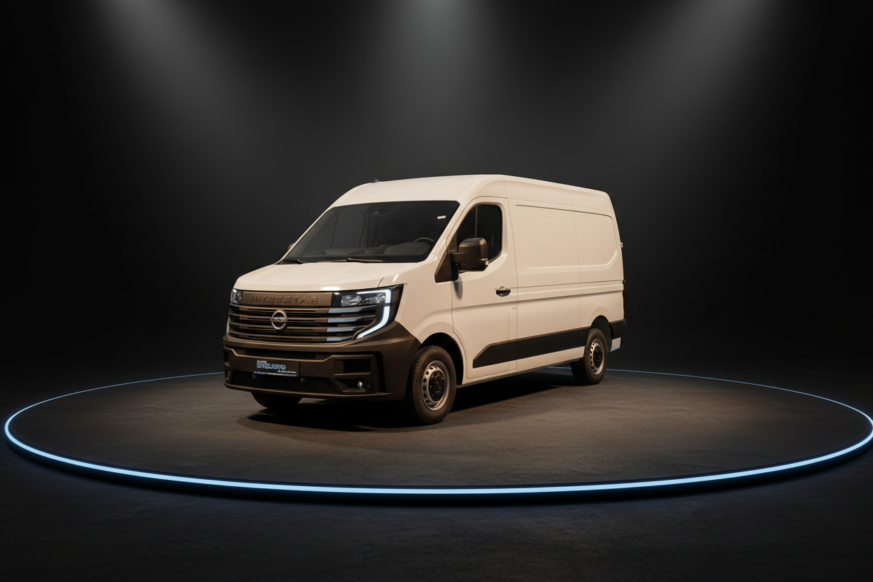 Nissan Interstar Transporter in Beige auf dunklem Showroom-Hintergrund mit professioneller Studiobeleuchtung – großer Kastenwagen für Gewerbe und Lieferdienste