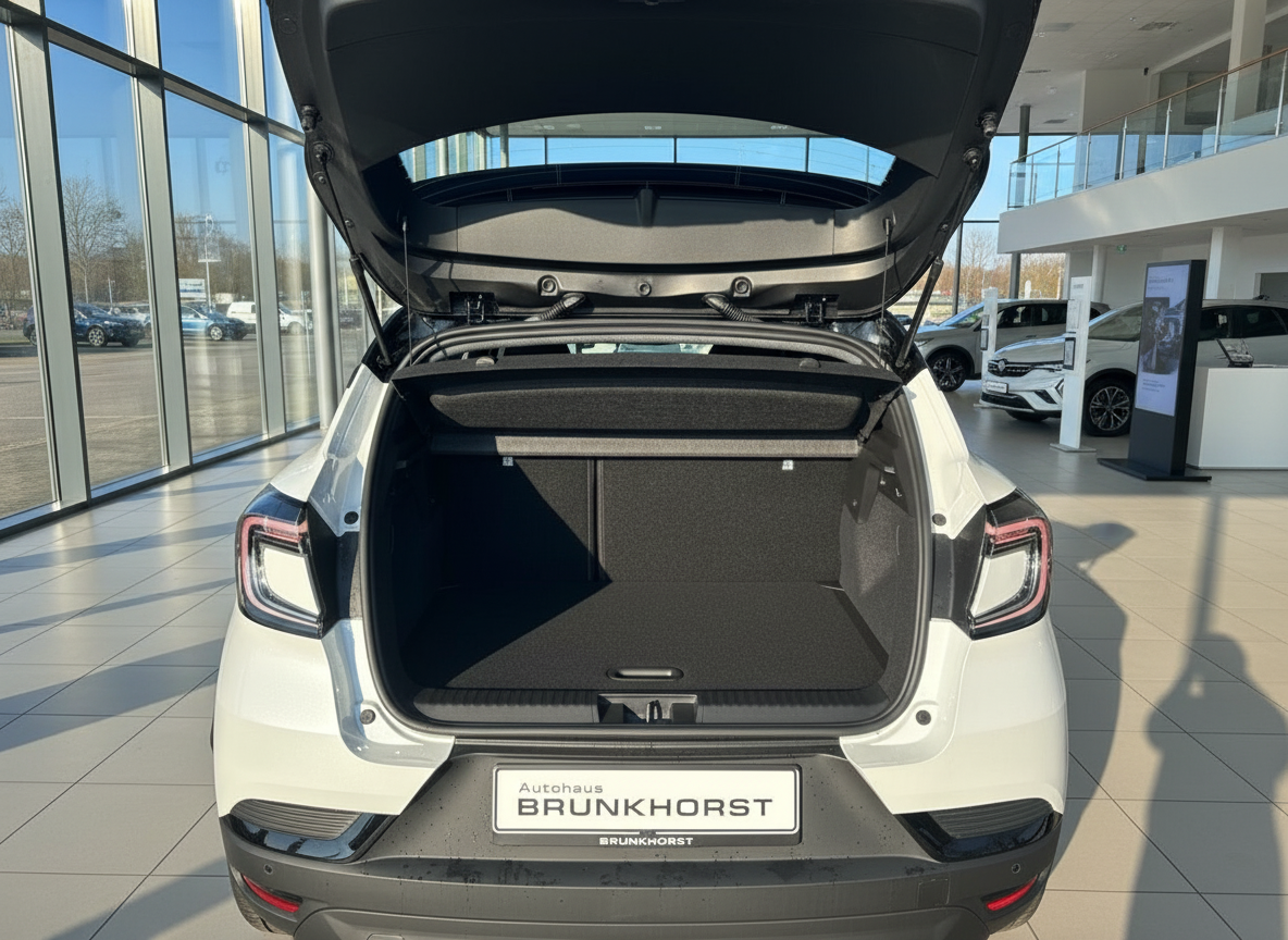 Weißer SUV mit geöffnetem Kofferraum im Autohaus Brunkhorst Showroom