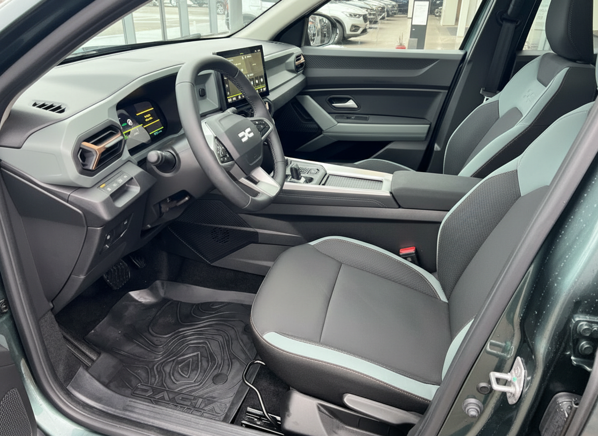 Dacia Innenraum mit Cockpit, Ledersitze und Infotainment-Display – modernes SUV Interieur