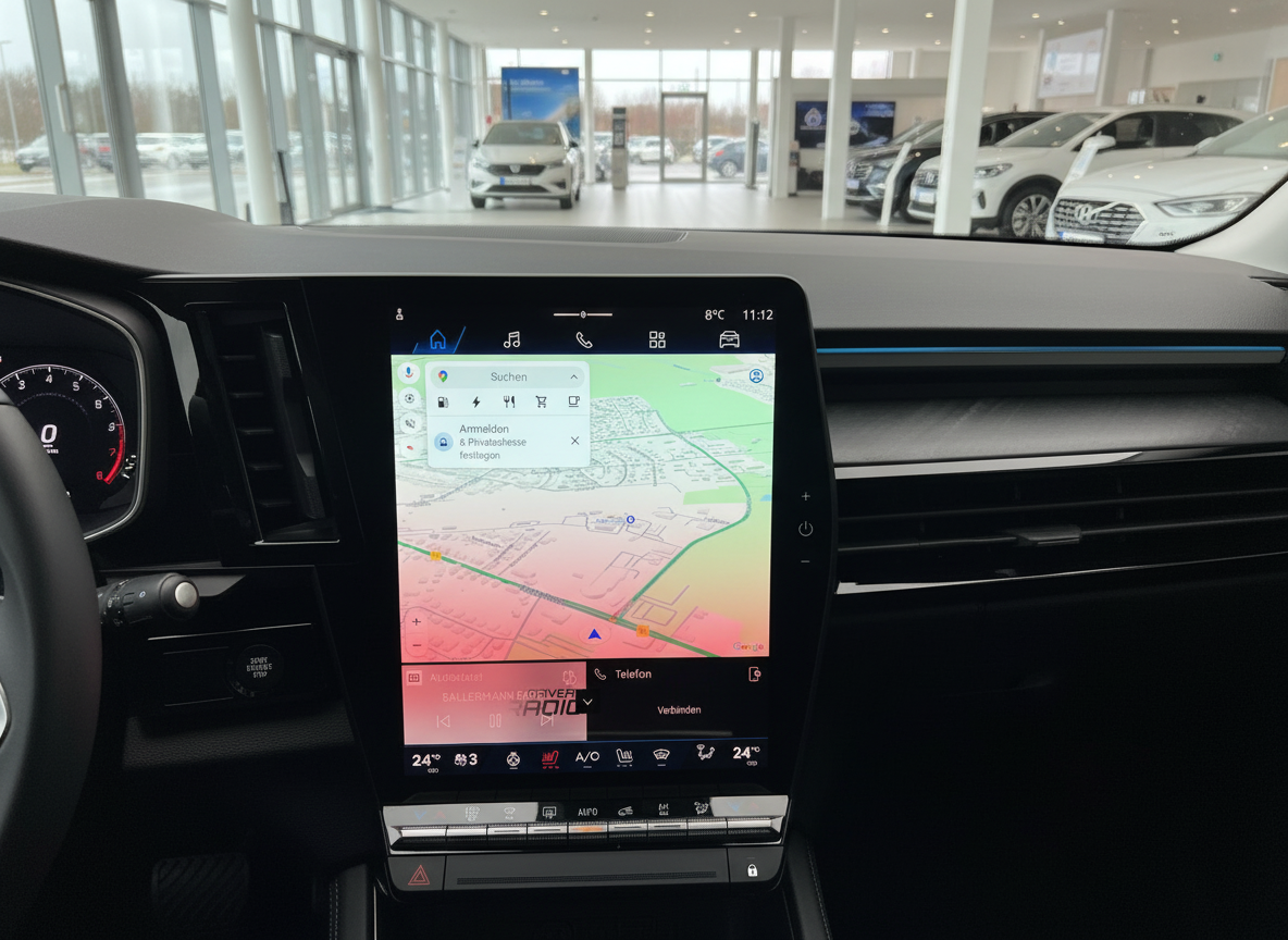 Volkswagen Innenraum mit großem Touchscreen-Infotainmentsystem und Google Maps Navigation im Autohaus
