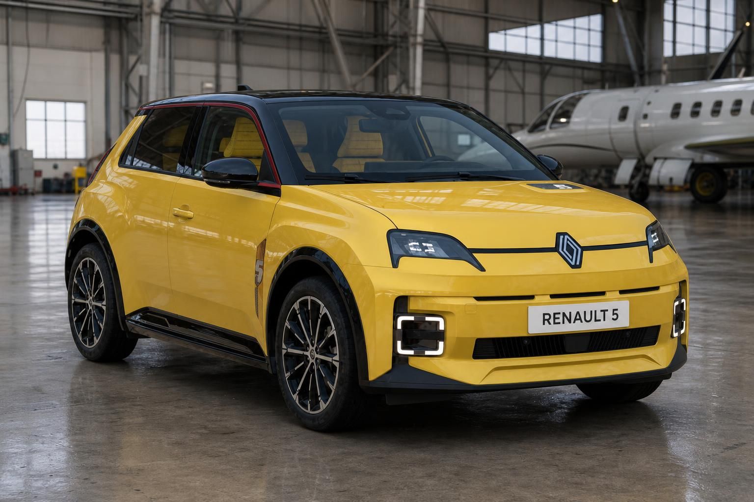Renault 5 E-Tech Electric in Gelb - Frontansicht mit charakteristischem Design und Leichtmetallfelgen