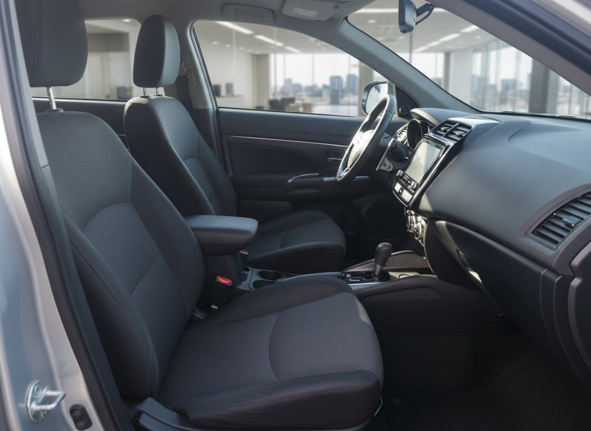 Mitsubishi Fahrzeuginnenraum mit schwarzen Stoffsitzen, Touchscreen und Mittelkonsole