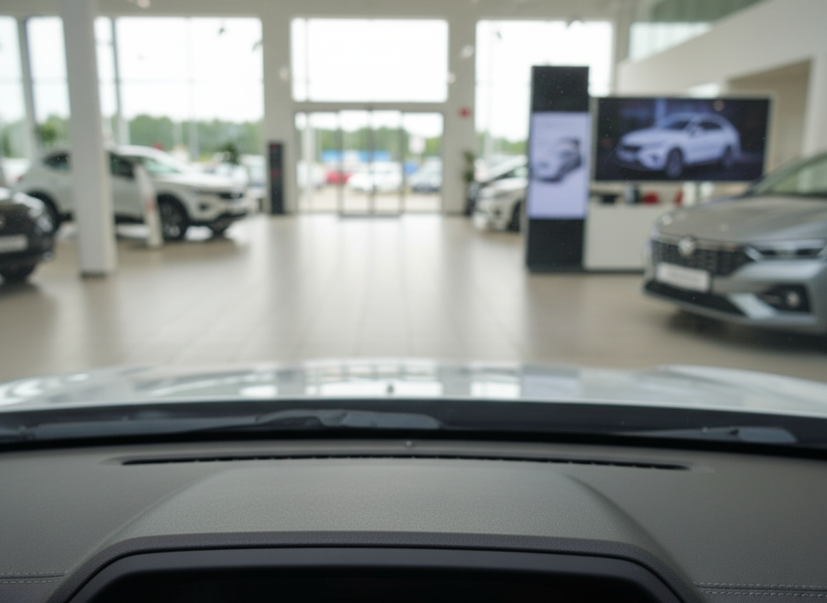 Fahrzeug-Innenraum mit Blick auf Armaturenbrett in modernem Autohaus-Showroom
