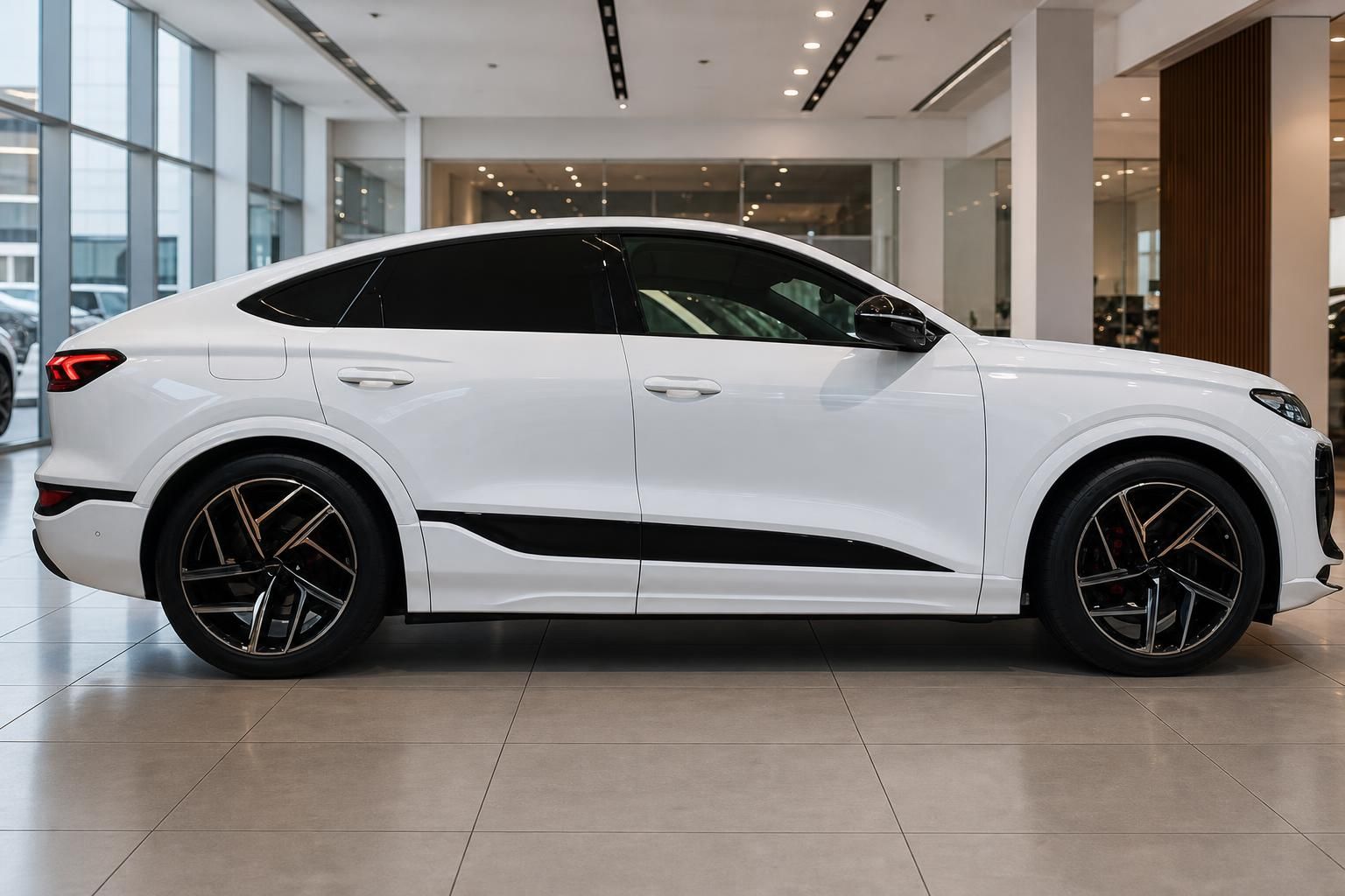 Weißes SUV-Coupé in Seitenansicht im Autohaus mit sportlichen Leichtmetallfelgen