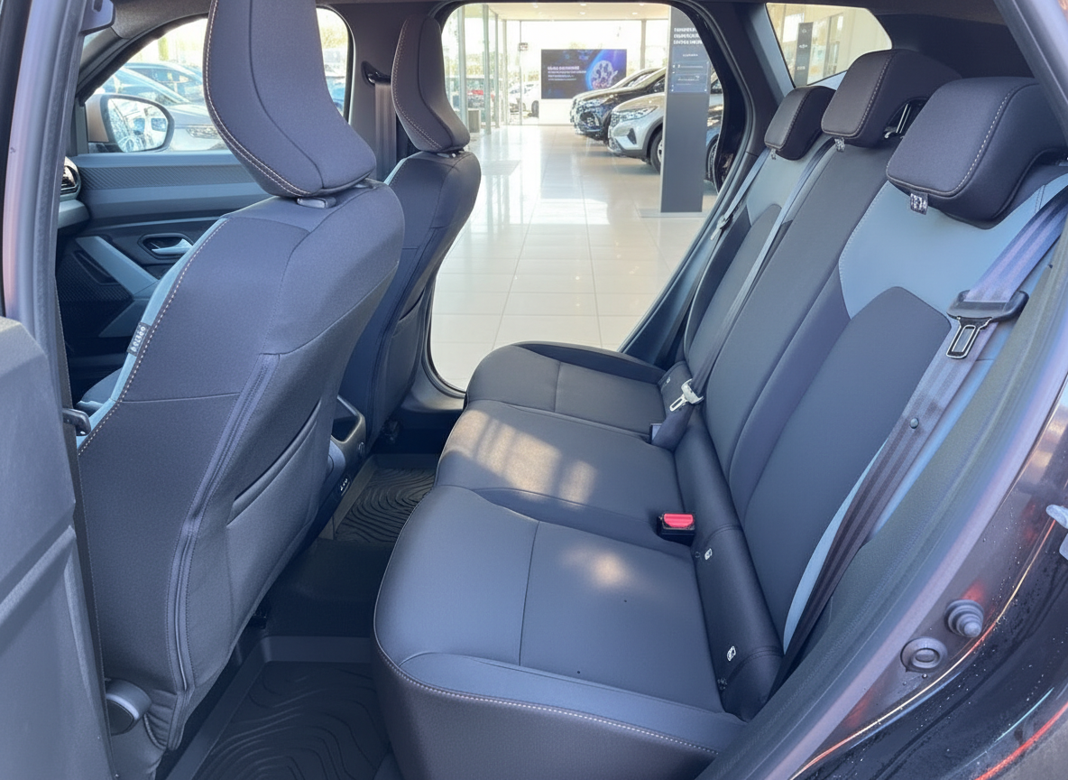 Fahrzeug Innenraum Rücksitzbank in schwarzem Leder mit Sicherheitsgurten im Autohaus