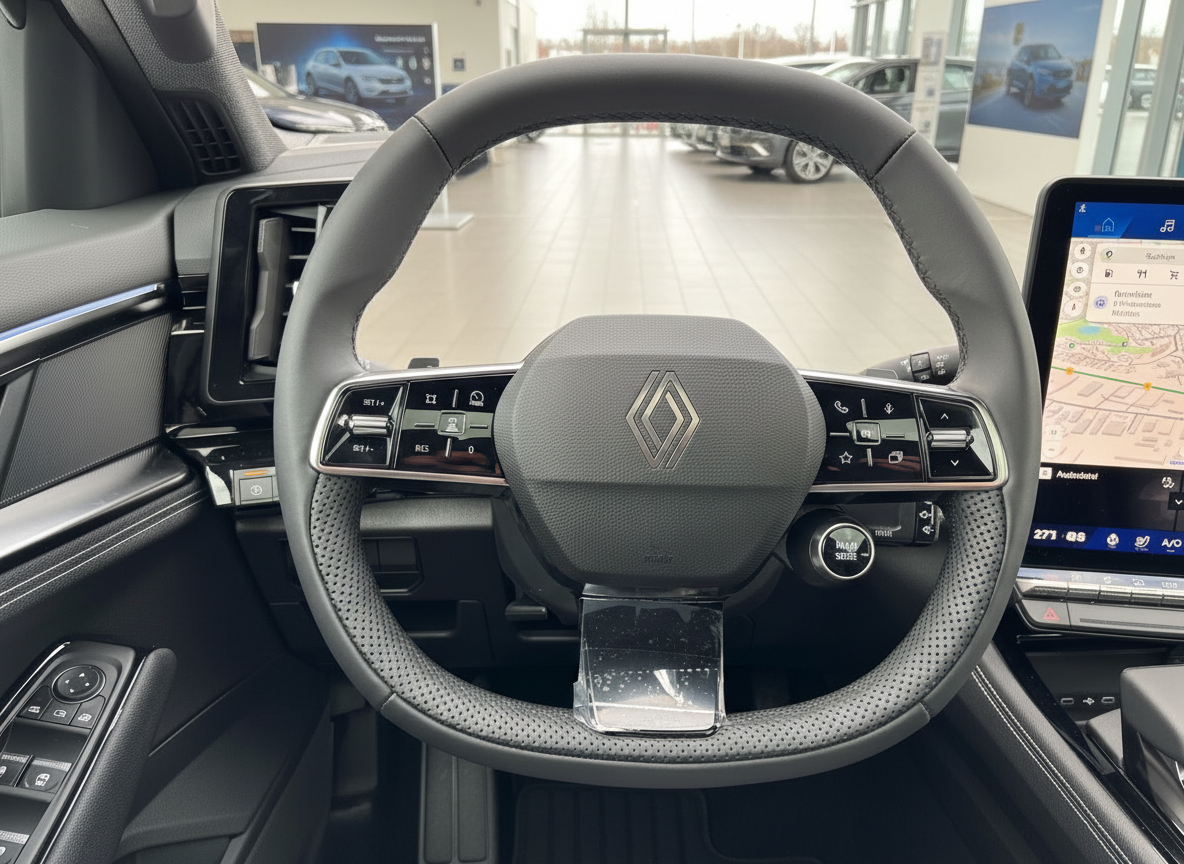 Renault Innenraum Lenkrad mit Diamond-Logo und Touchscreen-Navigation im Autohaus