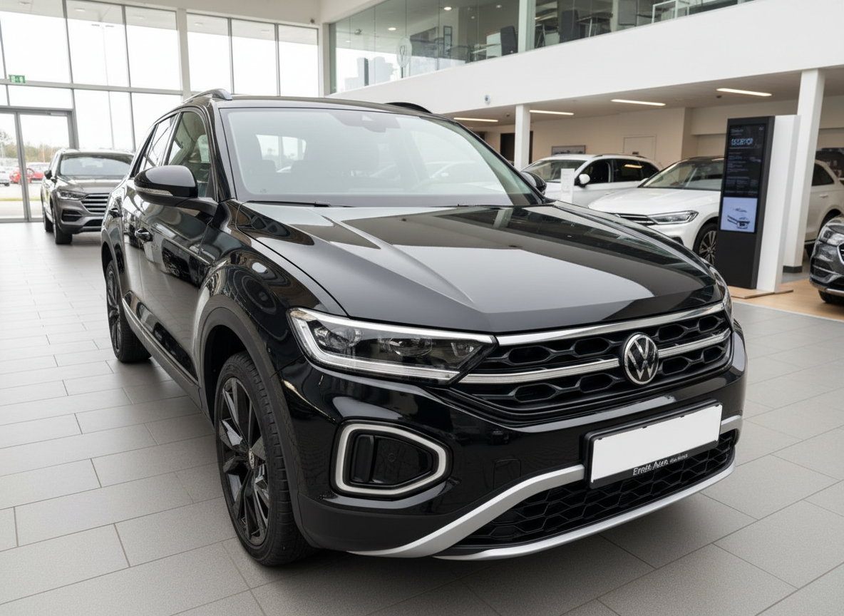 Schwarzer Volkswagen T-Roc SUV im Autohaus-Showroom, Frontansicht