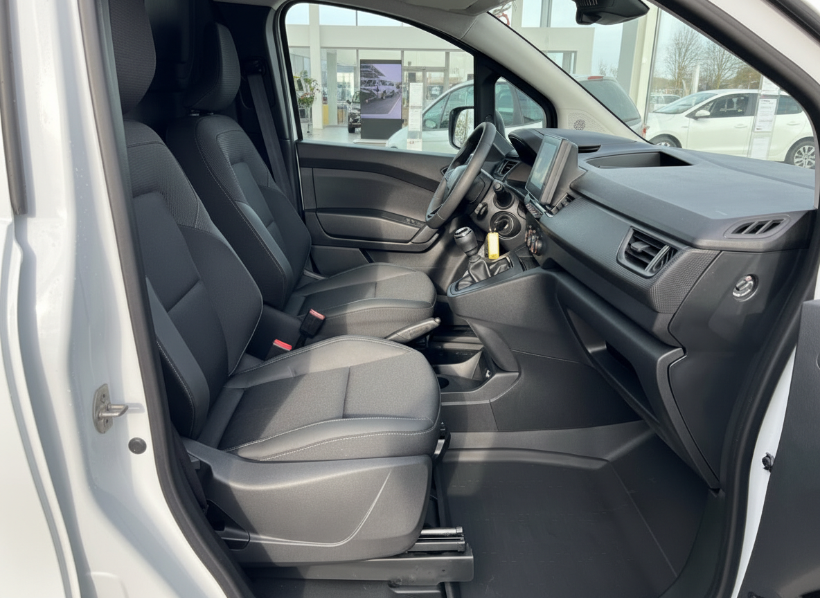 Innenraum eines Kleintransporters mit schwarzen Stoffsitzen, Schaltgetriebe und modernem Cockpit