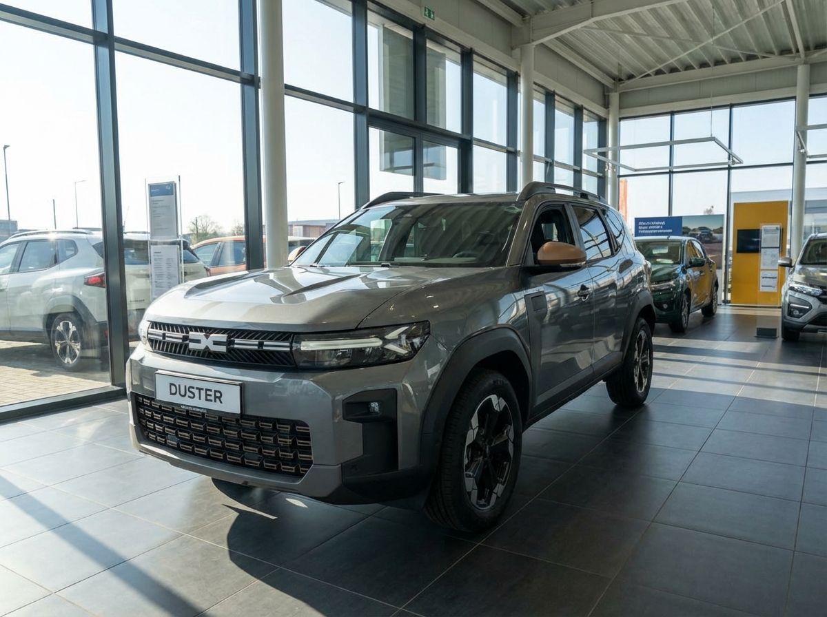 Dacia Duster 3. Generation grau im Autohaus Showroom Frontansicht