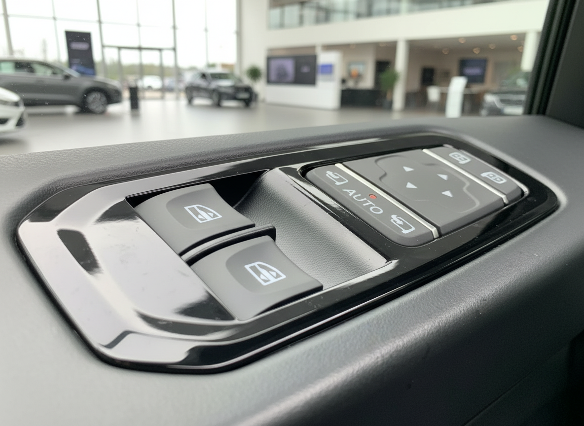 Fahrzeug Innenraum Türverkleidung mit Fensterheber und Spiegelverstellung im Autohaus