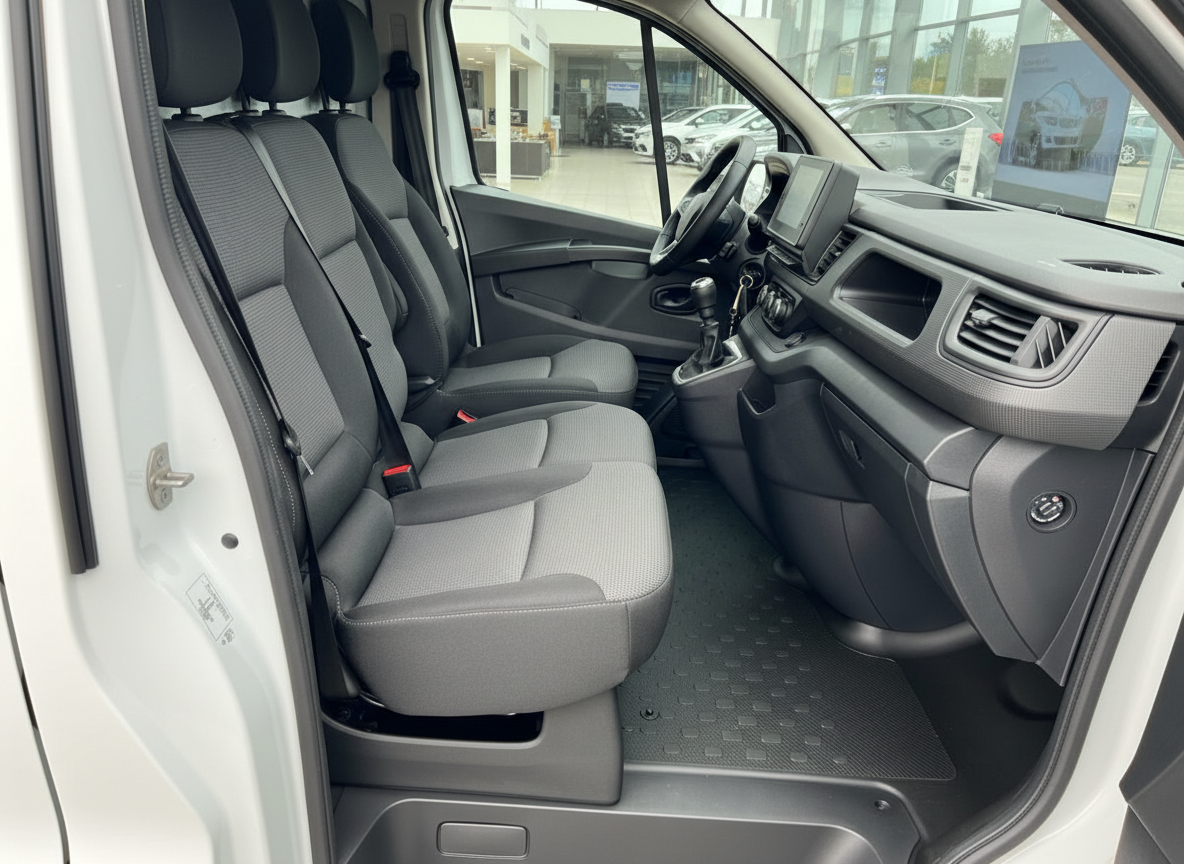 Innenraum eines weißen Transporters mit Dreisitzer-Cockpitbereich und manuellem Schaltgetriebe