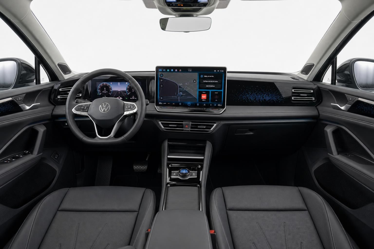 VW Cockpit Frontansicht mit Lenkrad, Sitzen und Digitaldisplay
