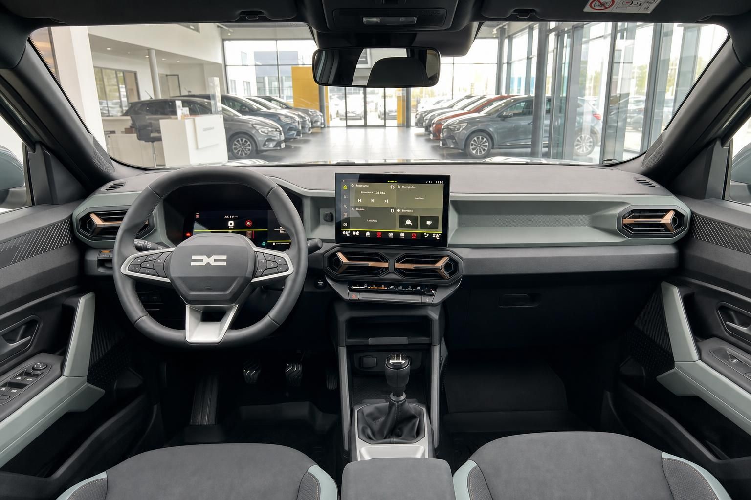 Fahrzeug Innenraum mit modernem Touchscreen Display und Lenkrad - Cockpit Ansicht im Autohaus