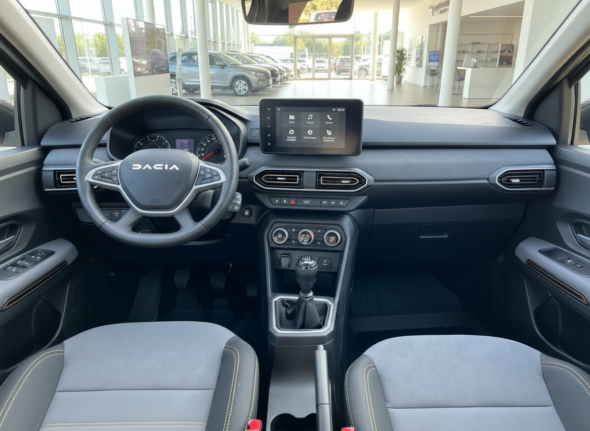Dacia Innenraum mit Touchscreen, Lenkrad und Schaltgetriebe im Autohaus