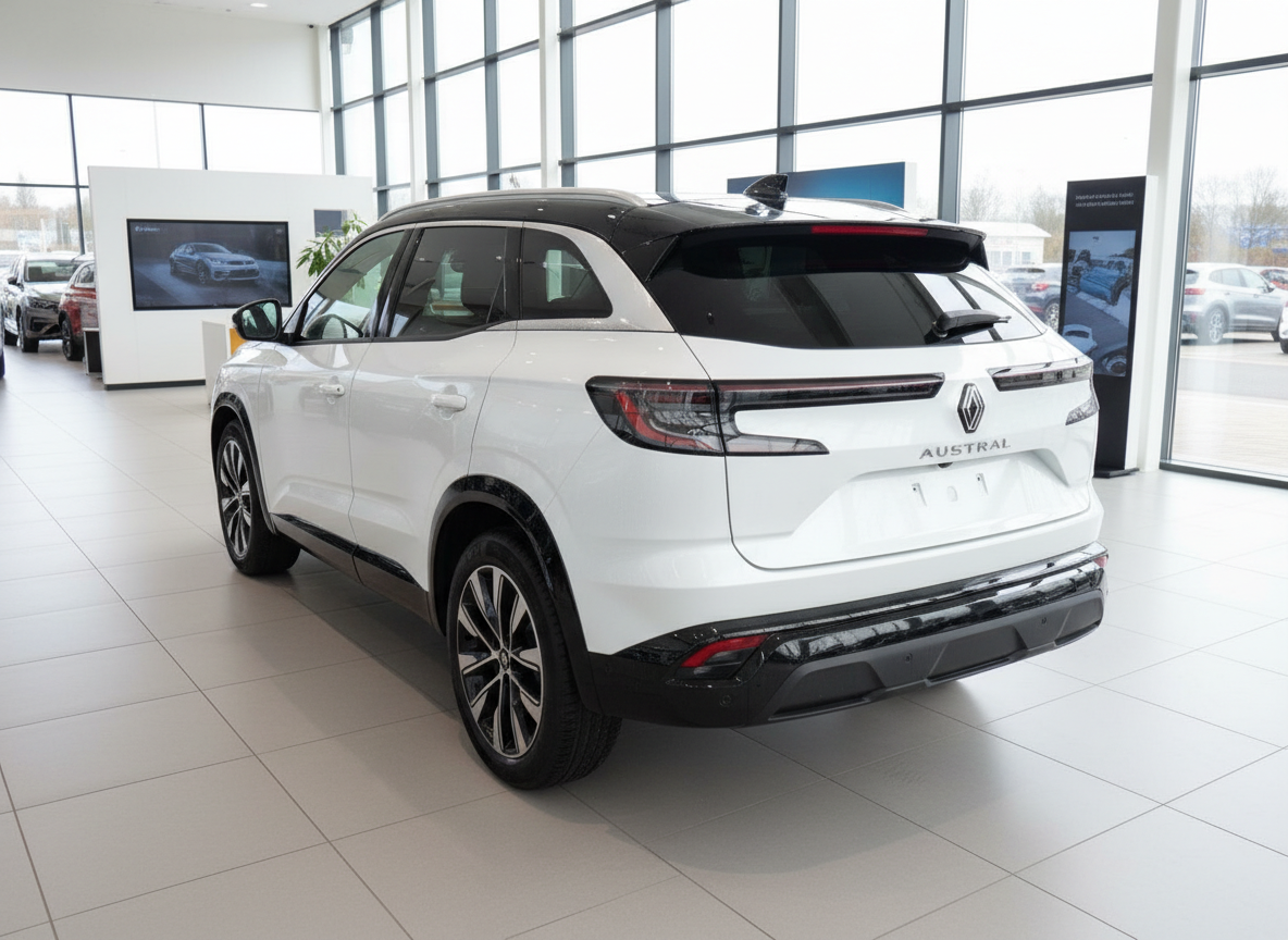 Renault Austral SUV in Weiß mit schwarzem Dach – Heckansicht im Autohaus