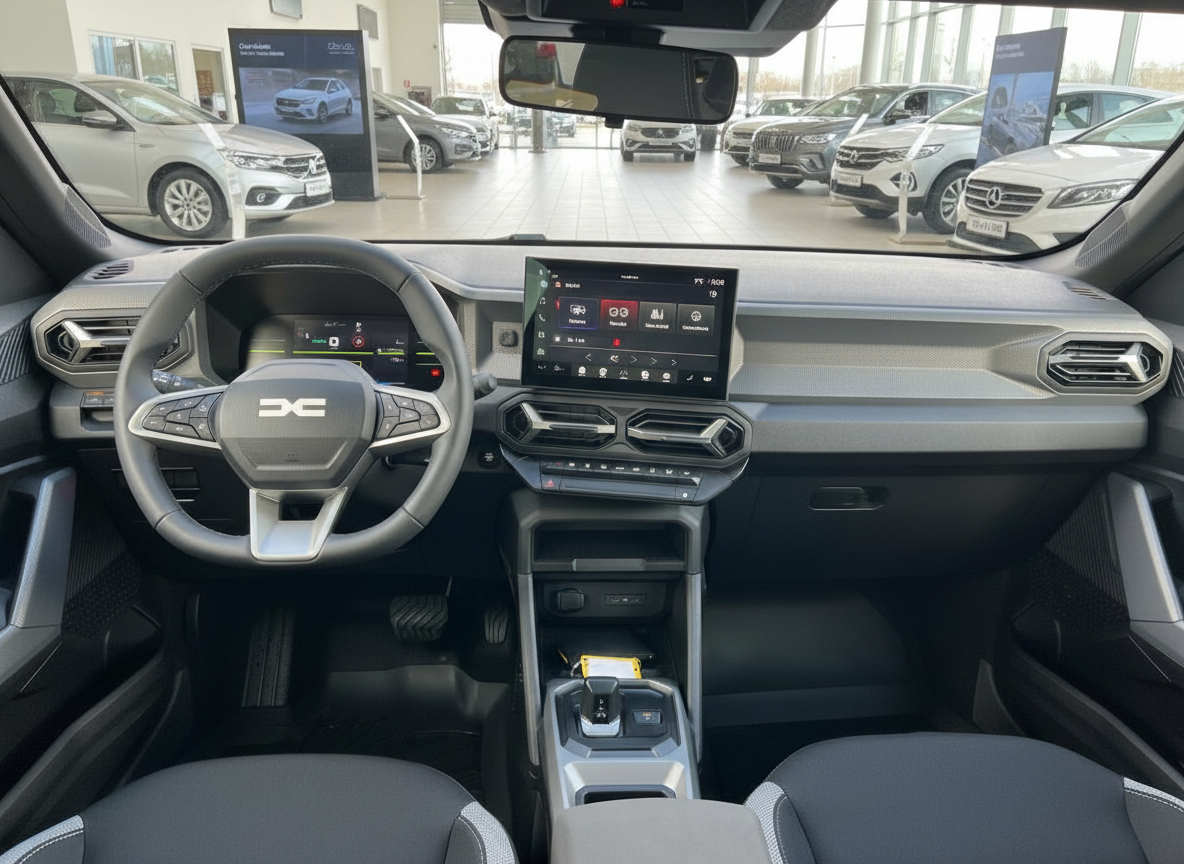 Dacia Innenraum mit Touchscreen, Lenkrad und modernem Cockpit im Autohaus