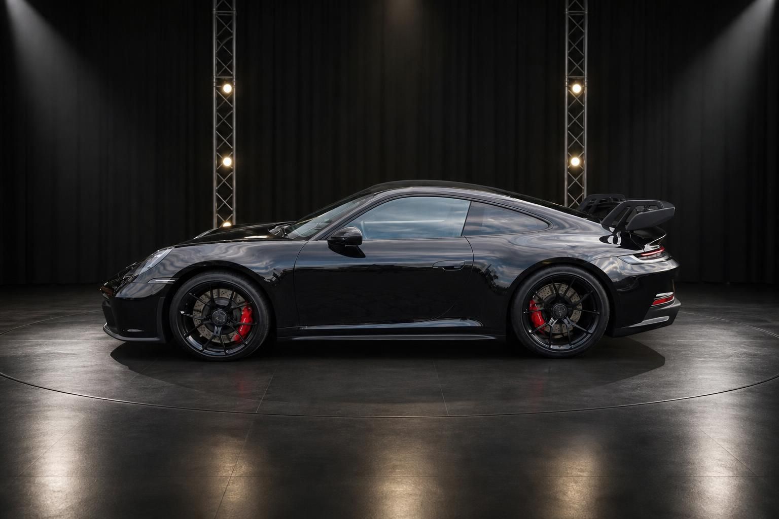Porsche GT3 in Schwarz - Seitenansicht des Sportwagens im Studio
