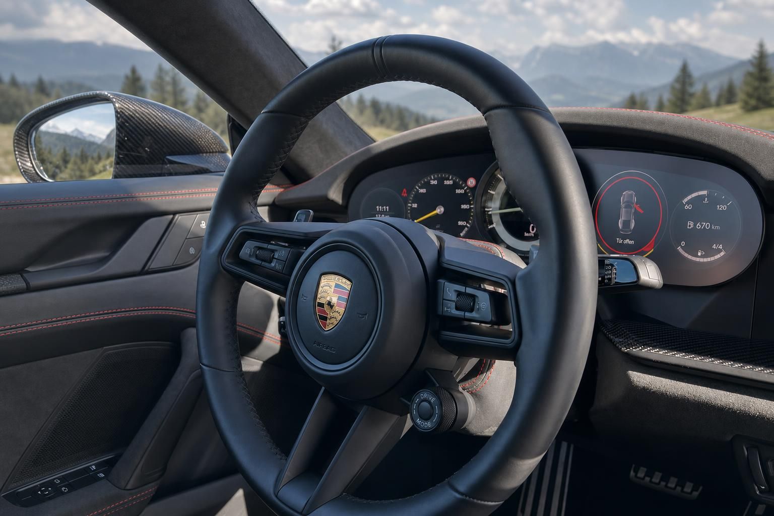 Porsche GT3 Cockpit - Innenraum mit Lenkrad, Armaturen und Berglandschaft