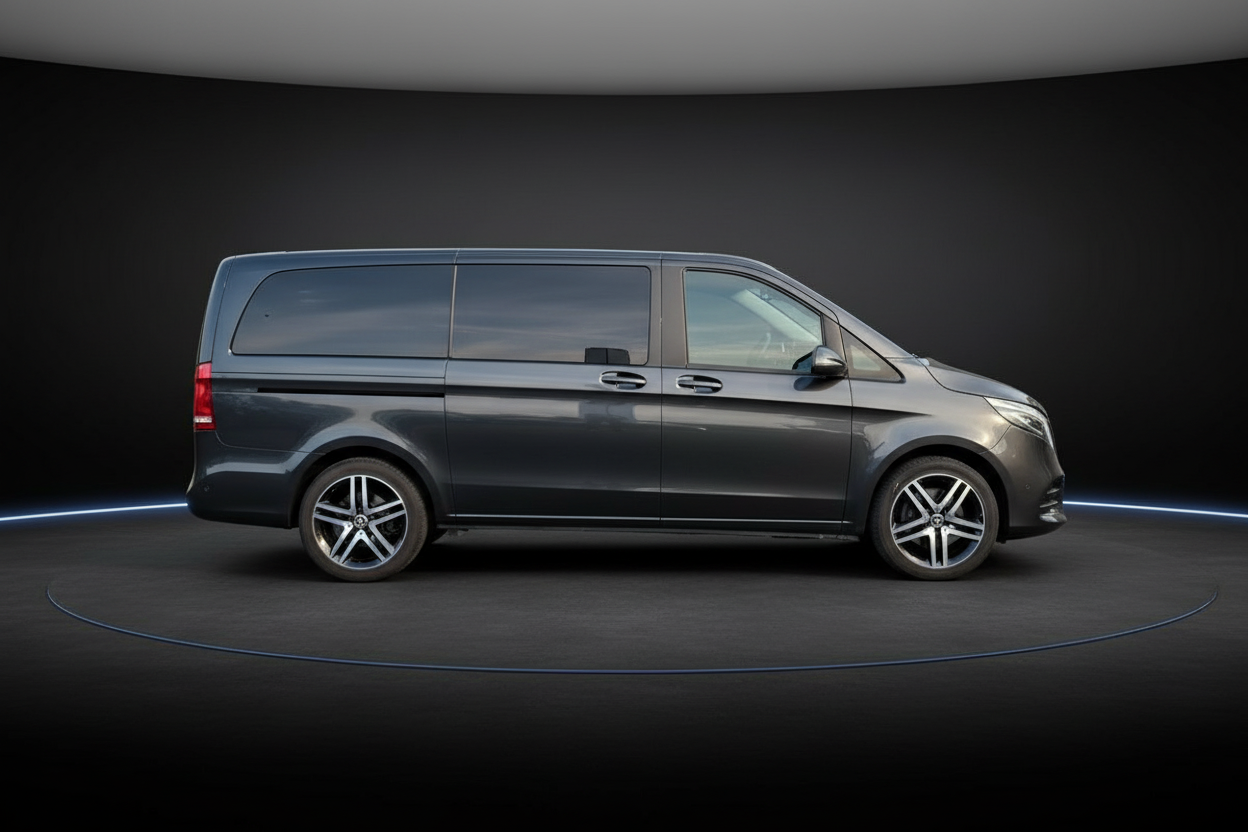 Mercedes-Benz V-Klasse lang in Graphitgrau metallic, Seitenansicht im Fotostudio