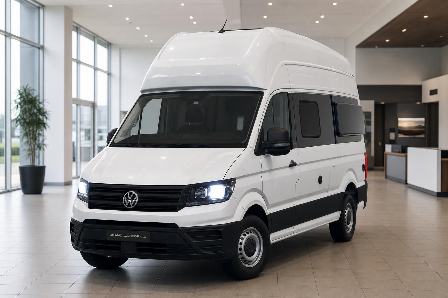 VW Grand California weiss in Autohaus Frontansicht