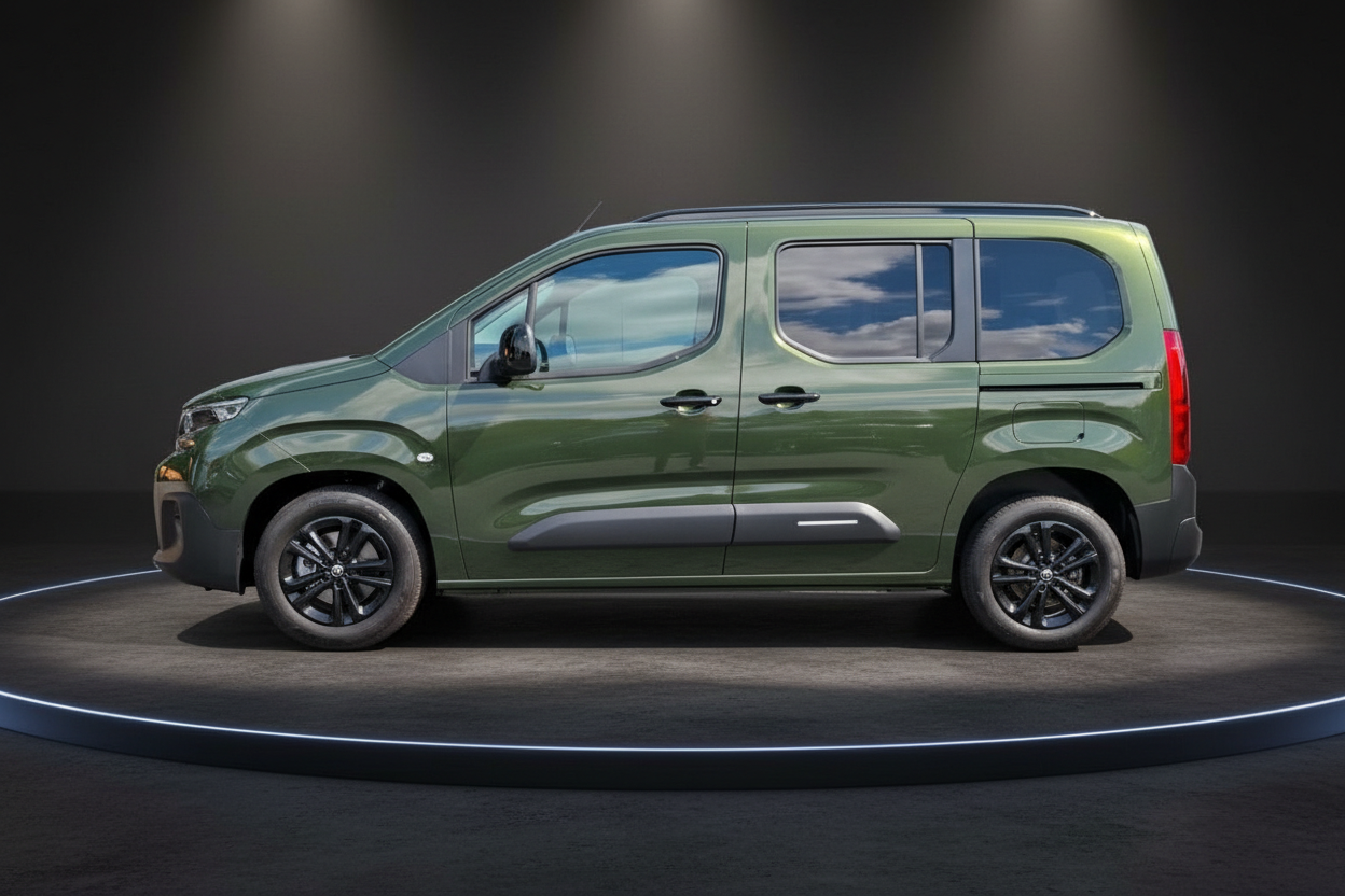 Vauxhall Combo Life in Olivgrün, Seitenansicht auf Präsentationsplattform