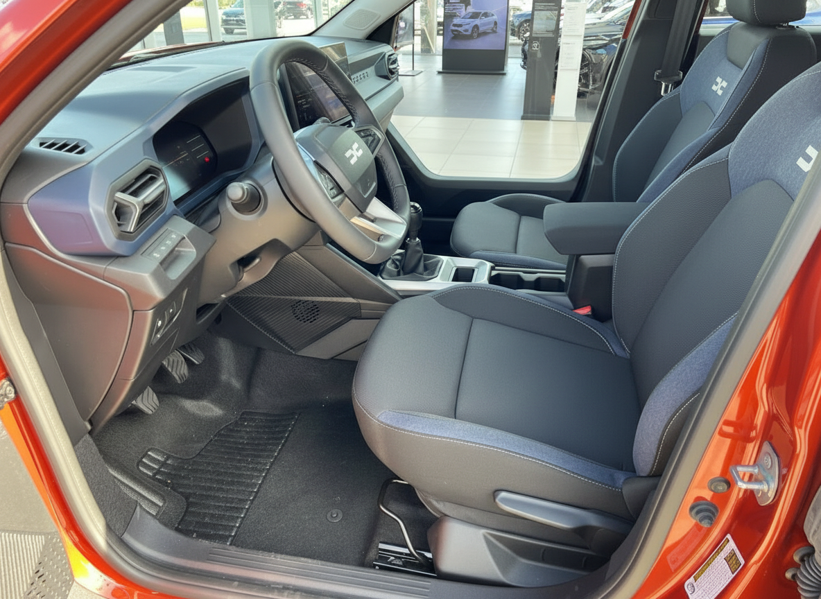 Dacia Innenraum Fahrerseite mit dunklen Stoffsitzen und modernem Cockpit in orangenem Fahrzeug