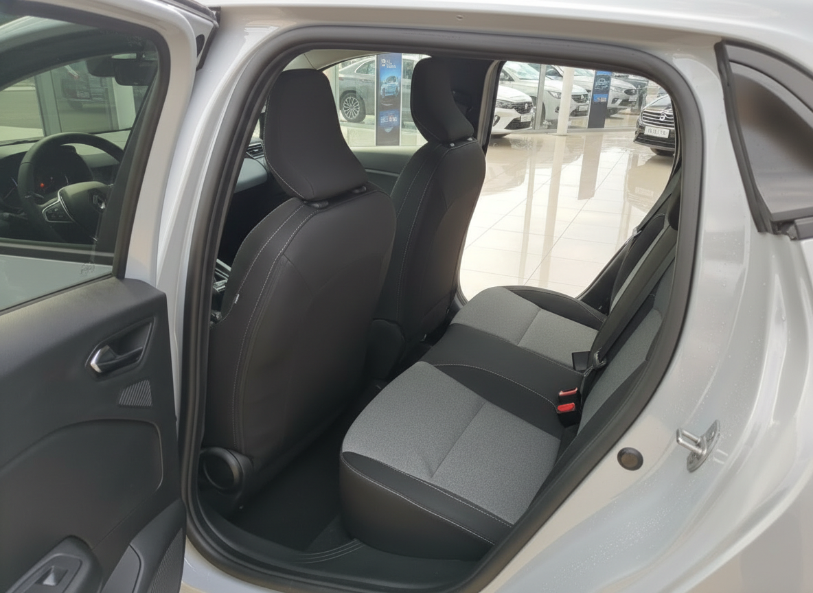 Innenraum Rücksitzbank eines silbernen Renault mit schwarzen Stoffsitzen im Autohaus