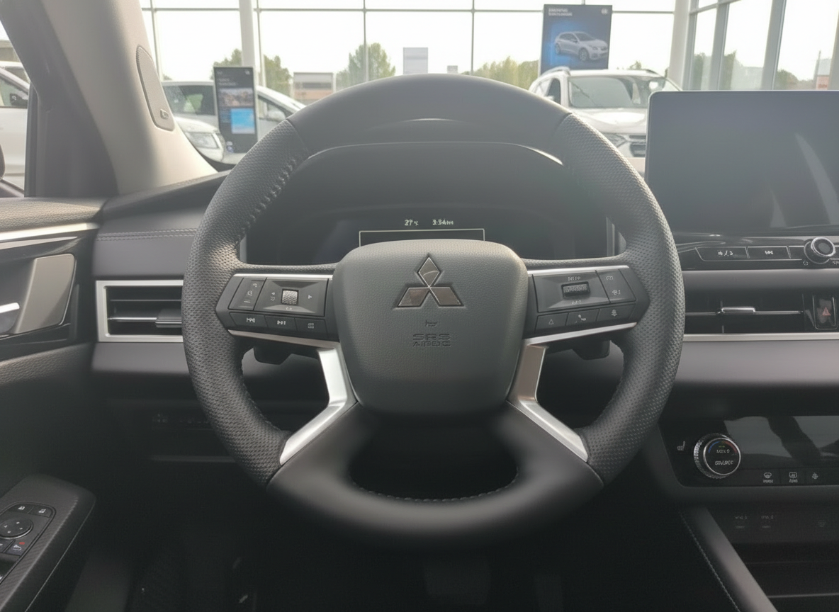 Mitsubishi Lenkrad Innenraum mit digitalem Display und Multifunktionstasten im Autohaus