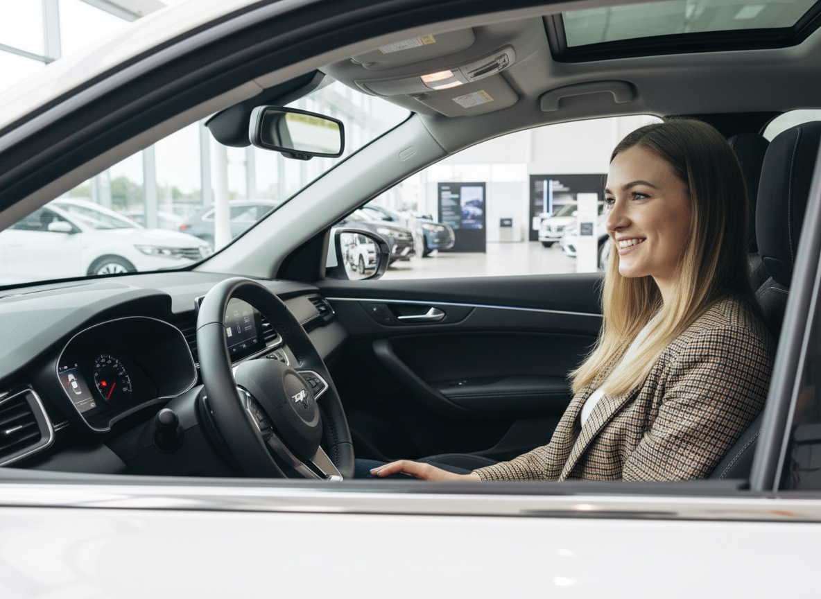 Frau sitzt lächelnd im Innenraum eines weißen Neuwagens in einem Autohaus