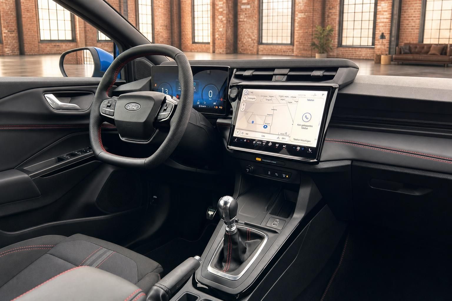 Ford Cockpit mit Touchscreen, Navigation und manuellem Schaltgetriebe