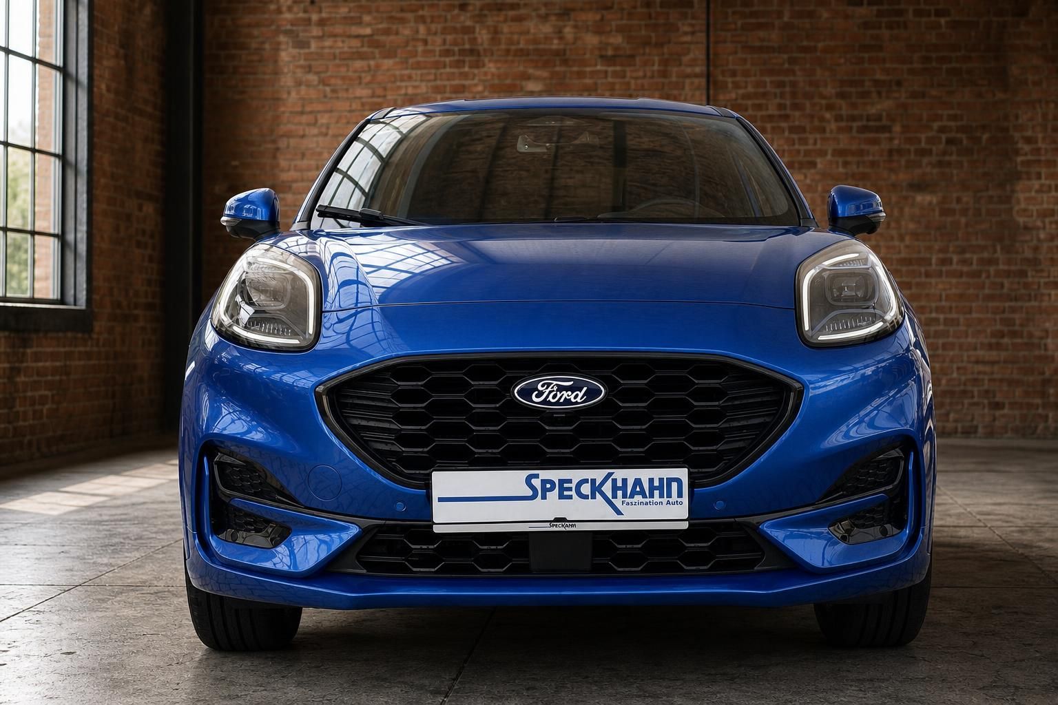 Ford in Blau Frontansicht mit Kuehlergrill und LED-Scheinwerfern
