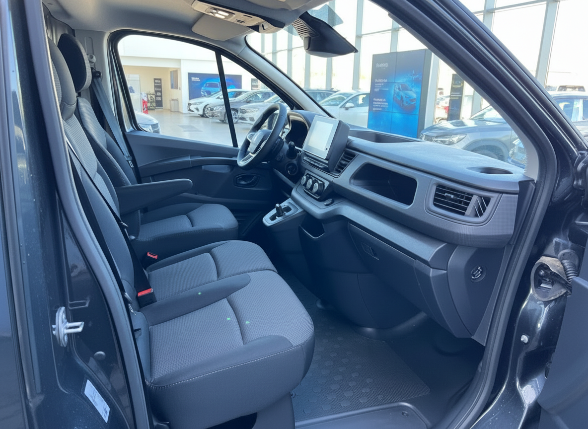 Opel Vivaro Innenraum Fahrerseite mit grauem Stoff und Touchscreen-Infotainment im Autohaus