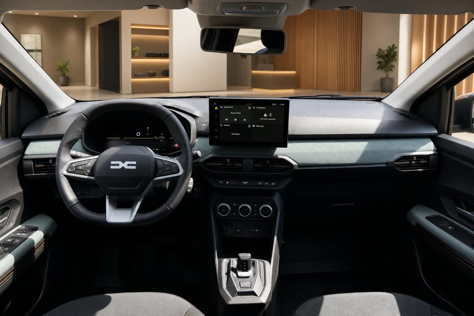 Modernes Fahrzeug-Cockpit mit digitalem Display und Lenkrad in elegantem Innenraumdesign