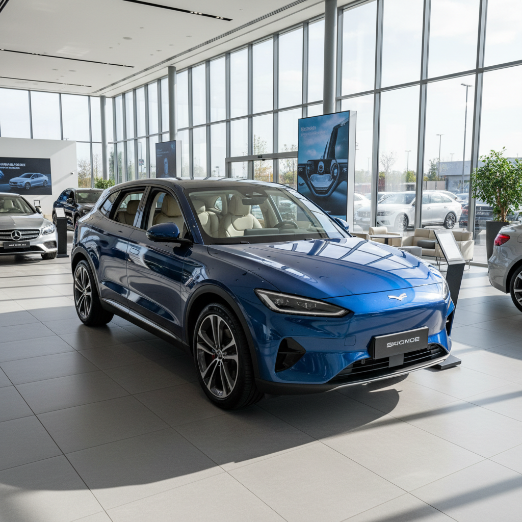 Blauer SUV im modernen Autohaus-Showroom, Frontansicht mit Leichtmetallfelgen
