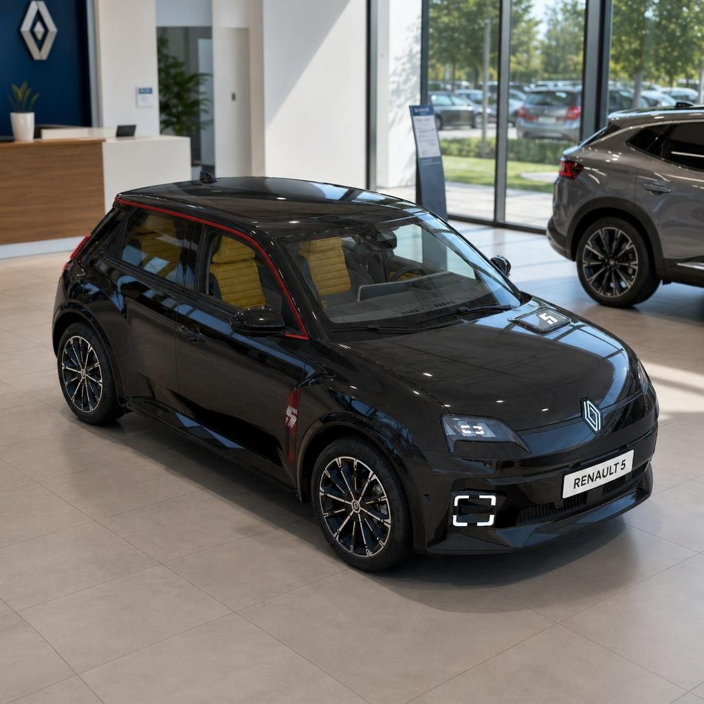 Schwarzer Renault 5 Elektroauto mit modernem Design - Frontansicht im Autohaus-Showroom