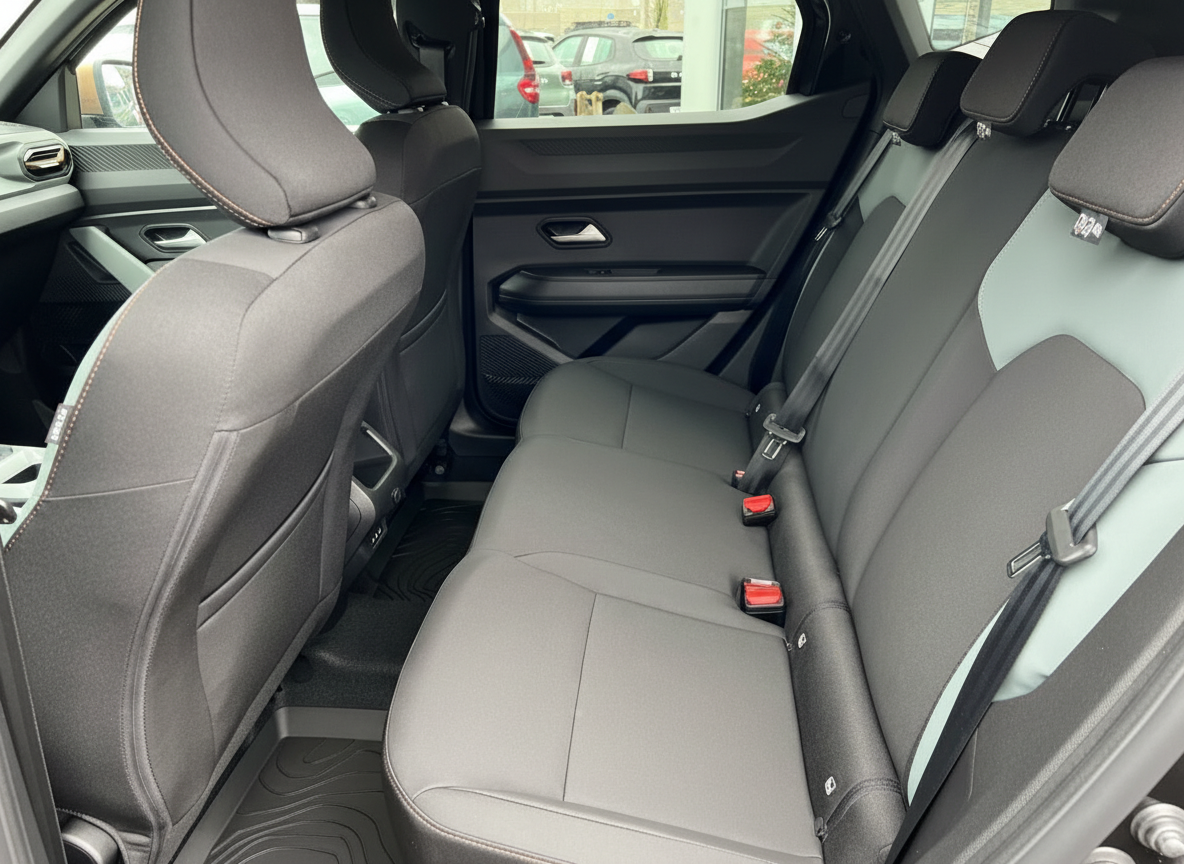 Geräumiger Fahrzeuginnenraum mit schwarzen Stoffsitzen und Rücksitzbank in modernem SUV