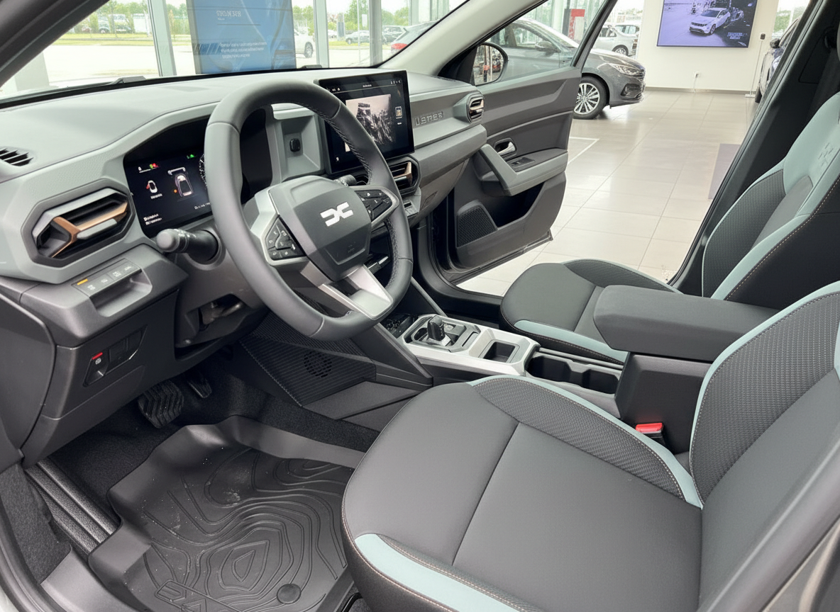 Dacia Innenraum mit Lenkrad, Infotainment-Display und schwarzen Sitzen mit mint-grünen Akzenten