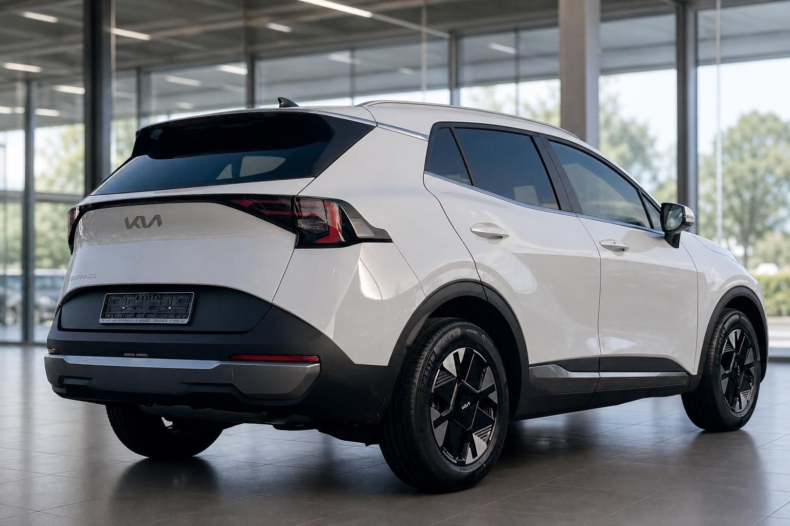 Kia weiß, Heckansicht schräg im Showroom, moderne Rückleuchten