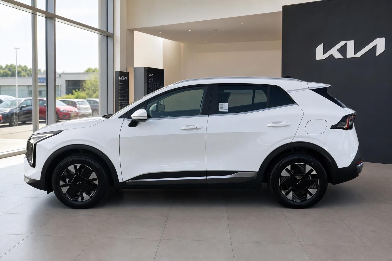 Kia Sportage weiß, Seitenansicht im Autohaus mit Kia-Logo