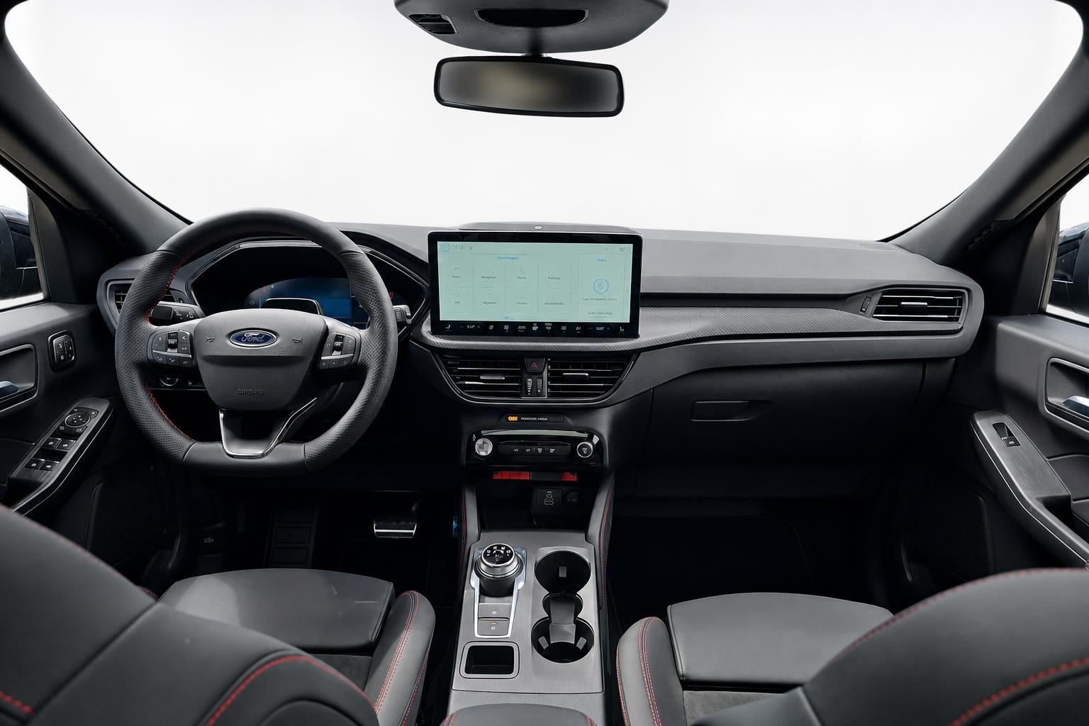 Ford Innenraum Frontansicht mit Lenkrad, Armaturenbrett und Touchscreen-Display