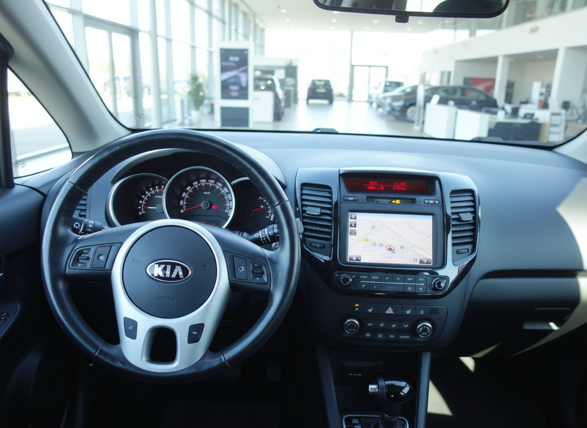 Kia Innenraum mit Lederlenkrad, Navigationssystem und Instrumententafel im Autohaus