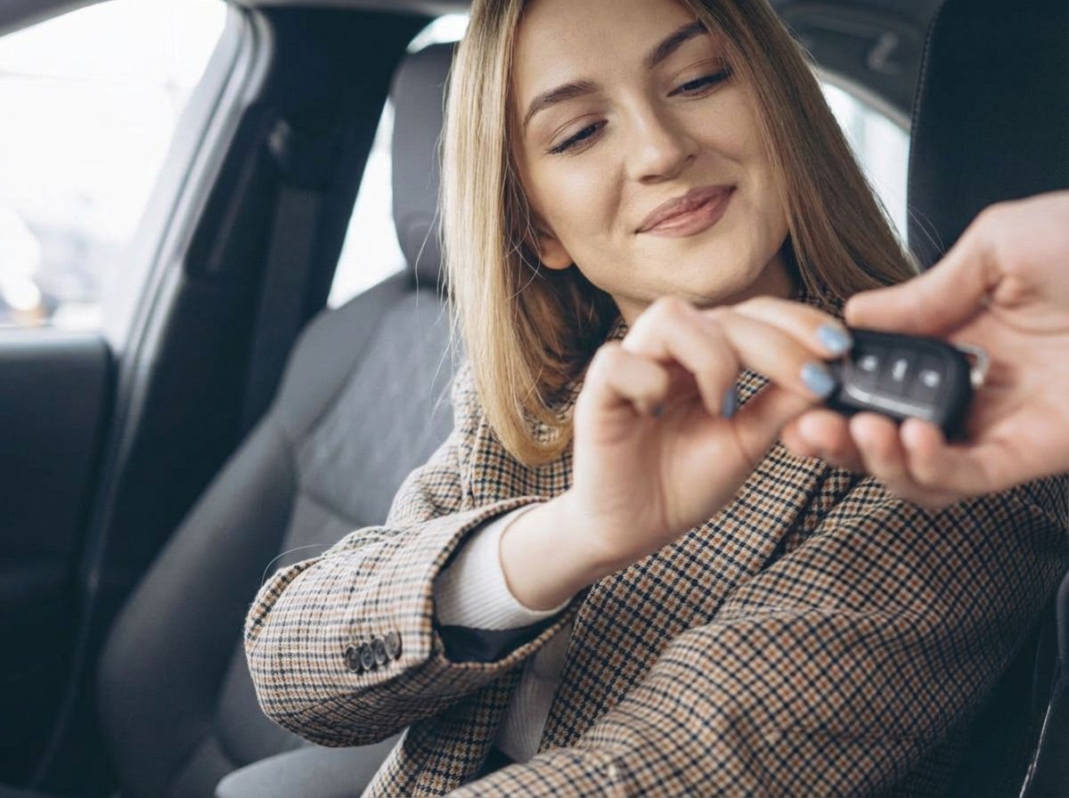 Frau erhält Autoschlüssel im Fahrzeuginnenraum – Autoübergabe im Autohaus