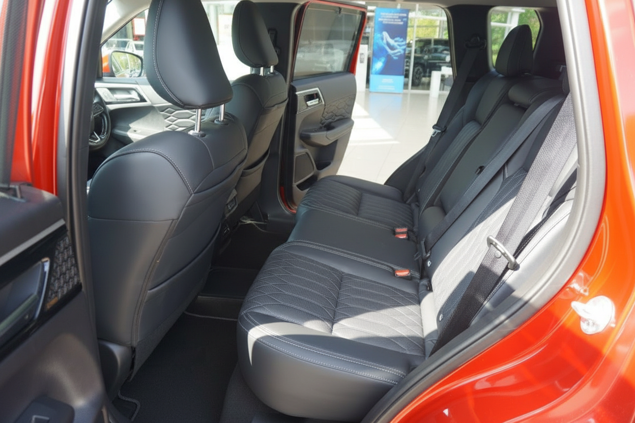 SUV Innenraum hinten schwarz Leder Rücksitzbank mit Sicherheitsgurten und Querstepp-Polsterung